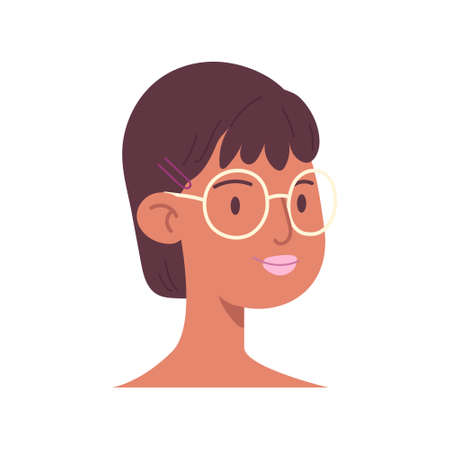 Cartoon head of a young woman. The face of a girl in glasses with short dark hair and bangs. Female avatar illustration vector isolated on white background.のイラスト素材