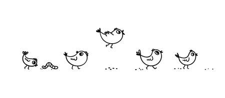 Doodle chicks walk in a row. Cute cartoon little birds on a walk are exploring the worm, trying to fly. Vector stock illustration isolated on white background.のイラスト素材