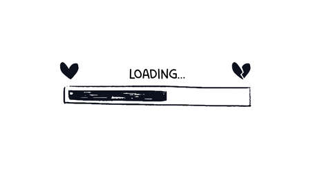 Doodle heart loading bar. Hand-drawn progress bar healthy heart and broken. Black on white concept of web page upload. Vector illustration isolated on white background.のイラスト素材