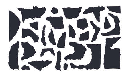 Bundle torn black on white paper with white edge isolated on white background. Vector illustration of torn paper scraps of different sizes and shapes. Crumbled pieces of pages.のイラスト素材