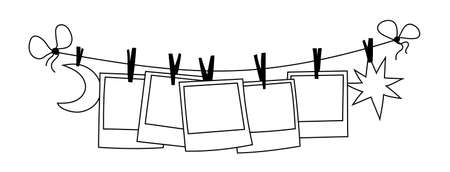 Hand-drawn photo cards pinned to a rope. Doodle decorate your home area with photos. Clothespins on a string with pictures, paper with a star and a crescent. Vector illustration isolated outlineのイラスト素材