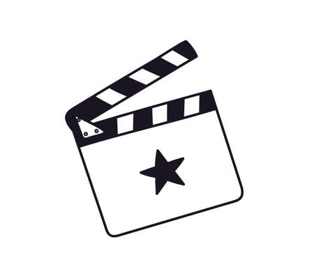 Opened doodle clapperboard with a star. Hand-drawn clapper film production. Black on white vector illustration of an outline clapperboard for shooting a movie isolated on a white backgroundのイラスト素材