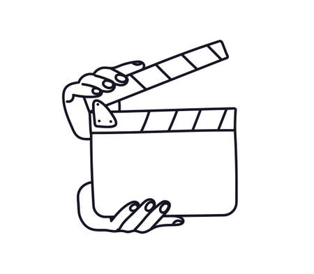 Doodle clapperboard open in the hands of the outline. Hand-drawn vector illustration of movie clapperboard isolated on white background. Cartoon cinematography tool black on whiteのイラスト素材