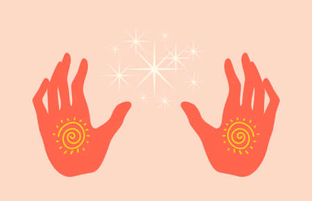Healing hands silhouette isolated. Colored drawn hands radiating healing energy. Vector illustration of open hot hands in flat styleのイラスト素材