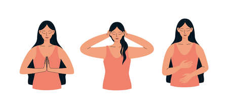 Woman self-healing reiki. A woman heals her body with the energy of Reiki. Holistic self-therapy vector illustration isolated on white backgroundのイラスト素材