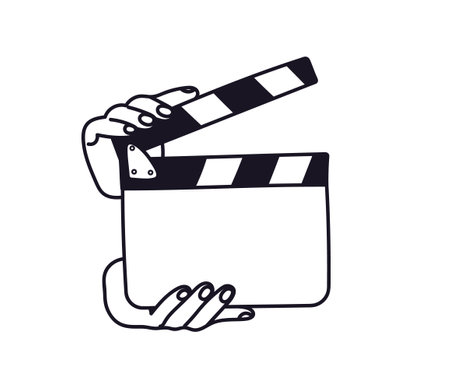 Open clapperboard in hands isolated. Hands opened the director's clapperboard. Vector illustration of a video filming toolのイラスト素材
