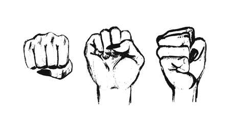 Hand-drawn punch black gesture on white. Set of female fists from different angles. Vector illustration of female hands with long nails isolatedのイラスト素材