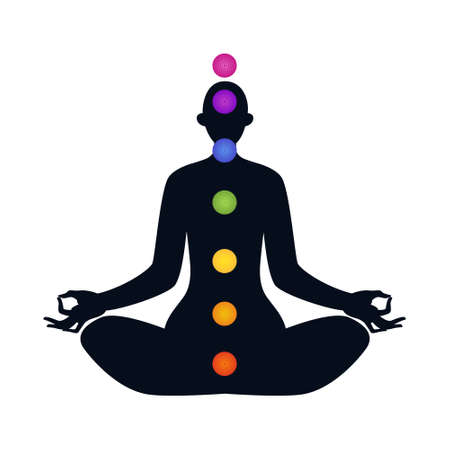 Female body in lotus position isolated. Seven chakras inside the silhouette of a person. Colored...