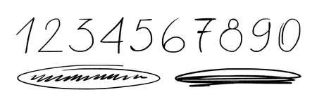 Number symbols. Doodle underline, hatching ellipse. Written scribble digits elements isolated on white backgroundのイラスト素材