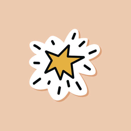 Drawn sticker doodle yellow shining star. Isolated sticker of a cartoon star. vector celestial illustrationのイラスト素材