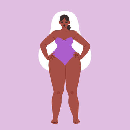 The shape type is pear. Cartoon chubby girl wearing a purple strapless swimsuit. Vector stock illustration of an African American woman with wide shoulders isolatedのイラスト素材