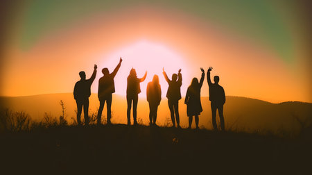 Silhouette of friends group share a moment of pure joy and happiness at sunset. They celebrate their friendship, creating memories that will last a lifetime.の素材