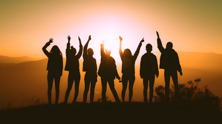 Silhouette of friends group share a moment of pure joy and happiness at sunset. They celebrate their friendship, creating memories that will last a lifetime.の素材