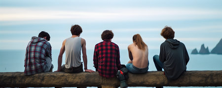 Friends group sitting on the brick platform, sharing a moment of peaceful time at the sea. They celebrate their friendship, creating memories.の素材