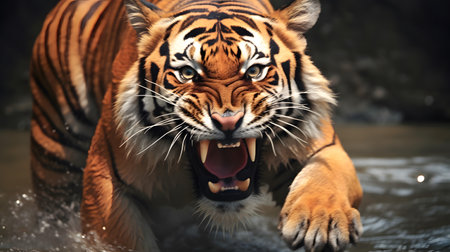 Roaring tiger crossing the stream.の素材