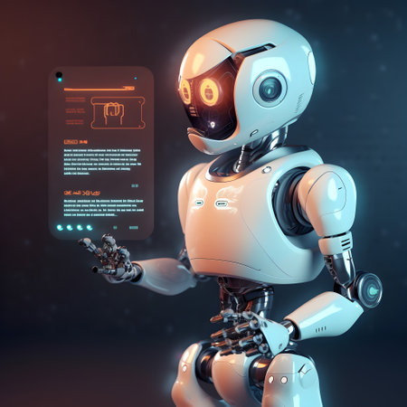 Futuristic robot beside the data screen. Concept of chatbot with artificial intelligence.の素材