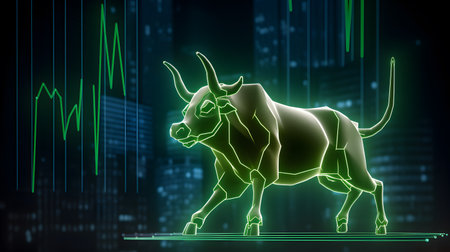 Bull with background of uptrend stock market. Concept of market growth, bullish market.の素材