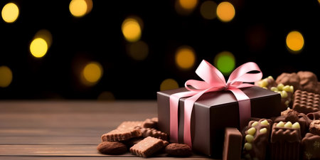 Chocolates and gift box on woody floor. Background wallpaper with copy space.の素材
