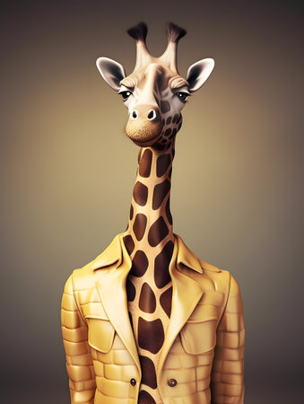 Portrait of fashionable giraffe wearing leather jacket.の素材