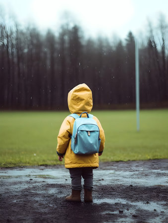 Back view of cute child with raincoat and backpack during rainy season in countryside. Concept of back to school.の素材