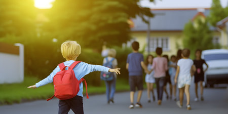 Back view of young boy with backpack going to school. Concept of back to school.の素材