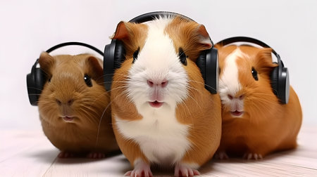 Small group of cute guinea pigs with earphones in studio.の素材