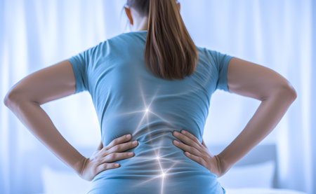 Young woman suffering from low back and loin pain at home. It can be caused by mechanical or pathological process.の素材