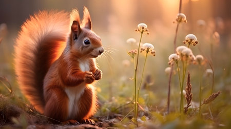 Cute squirrel and beautiful flowers in the garden.の素材