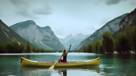 Young woman riding canoe in a lake with background of beautiful landscape.の素材