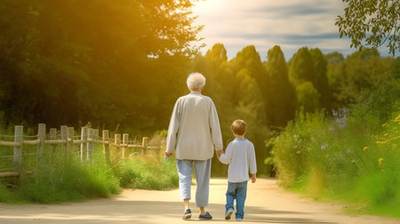 Grandfather walking together with his grandchild at sunset. Concept of happy grandfather day, grandparents day.の素材