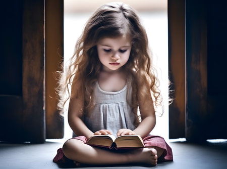 Cute little girl reading holy bible book. Worship at home.の素材
