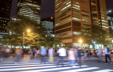 Time lapse photography of fast moving and busy people in the city at nightの素材
