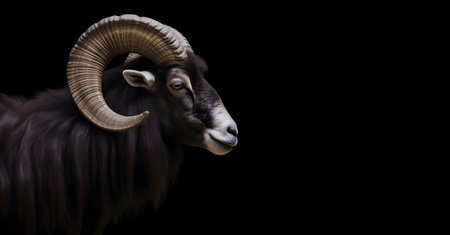 Head shot of dark ram with large helix shaped horns isolated against black backgroundの素材