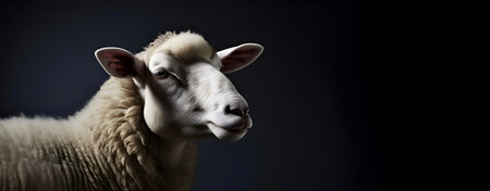 Head shot of a white sheep isolated on black background.の素材