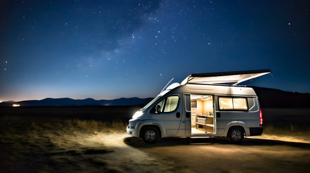 Van car under the stars during midnight. Van lifeの素材