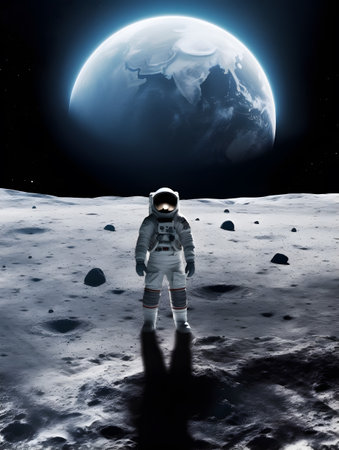 Spaceman or astronaut on the surface of moon with background of the earth.の素材