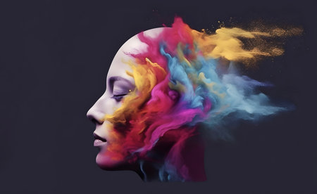 Human head ornate with colorful paint splashes. AI, thought, mind, knowledge, brain power concept.の素材