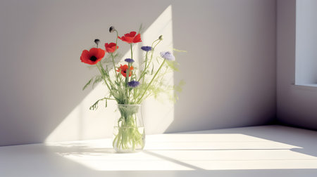 A bouquet of various flowers in a glass vase in a white interiorの素材