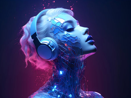 Beautiful robotic woman listening song from headphones. AI generated music concept.の素材