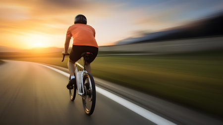 A healthy man riding bike on the road at sunsetの素材