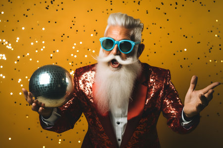Crazy elderly man holding a disco ball and having fun. Celebrating life concept.の素材