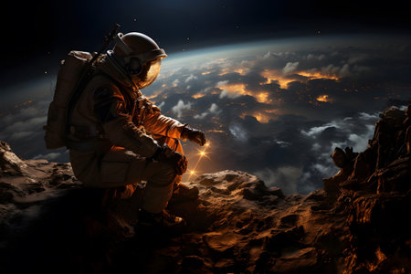 A spaceman or astronaut sitting on the moon.の素材