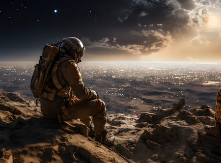 A spaceman or astronaut sitting on the moon.の素材
