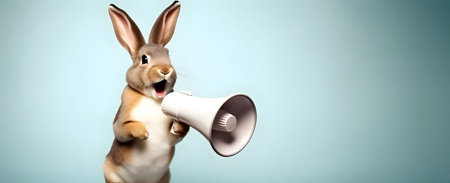 Adorable rabbit announcing using hand speaker. Notifying, warning, announcement.の素材