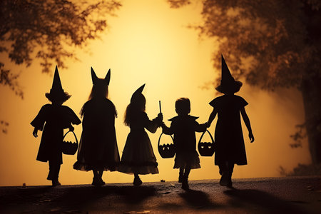 Silhouette of kids in Halloween costumes going trick or treating at spooky nightの素材