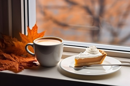 Fresh pumpkin pie and a cup of coffee near the window at autumn seasonの素材