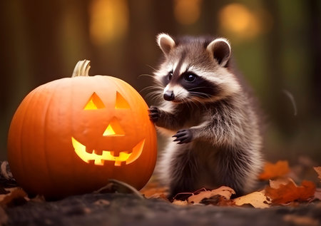 Portrait of a cute raccoon animal, halloween pumpkin and autumn leaves in the jungle.の素材