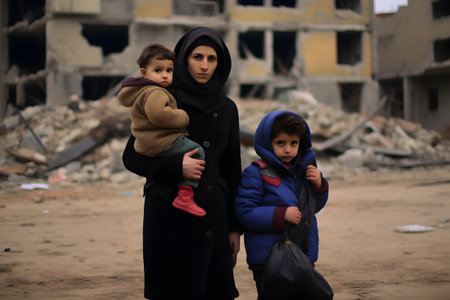 Mother and her two children in destroyed city during war. Feeling sad from being forced to flee their home country and become refugees.の素材