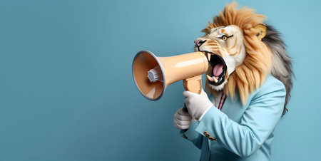 Fashionable human like lion announcing using hand speaker. Notifying, warning, announcement.の素材