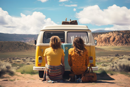 Two caucasian friends sitting on the ground behind a minivan car while going on a road trip.の素材